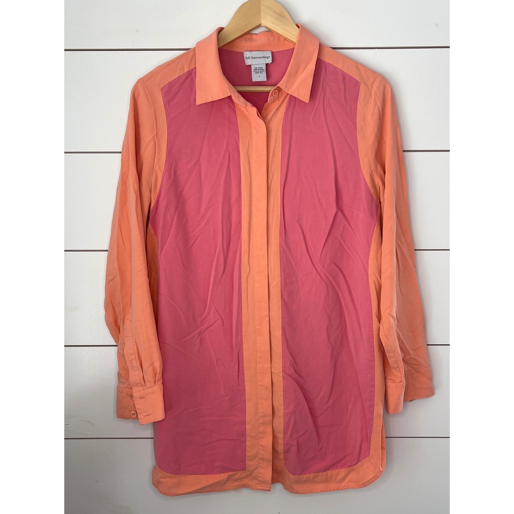 Soft Surroundings 100% Silk Colorblock  Shirt Peach Pink Medium quiet luxury